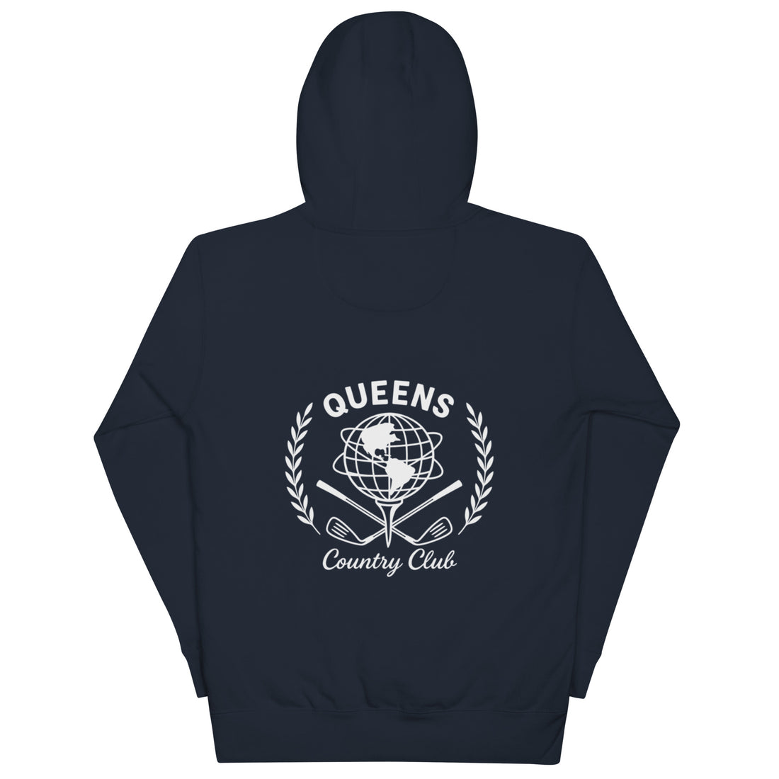   Queens Unisphere Golf Ball Tee Hoodie Navy Back