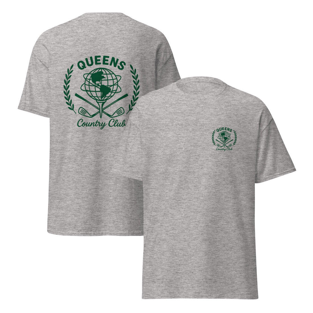 Gray t-shirt with 'Queens Country Club' logo on front and back Queens Unisphere Golf Ball Tee