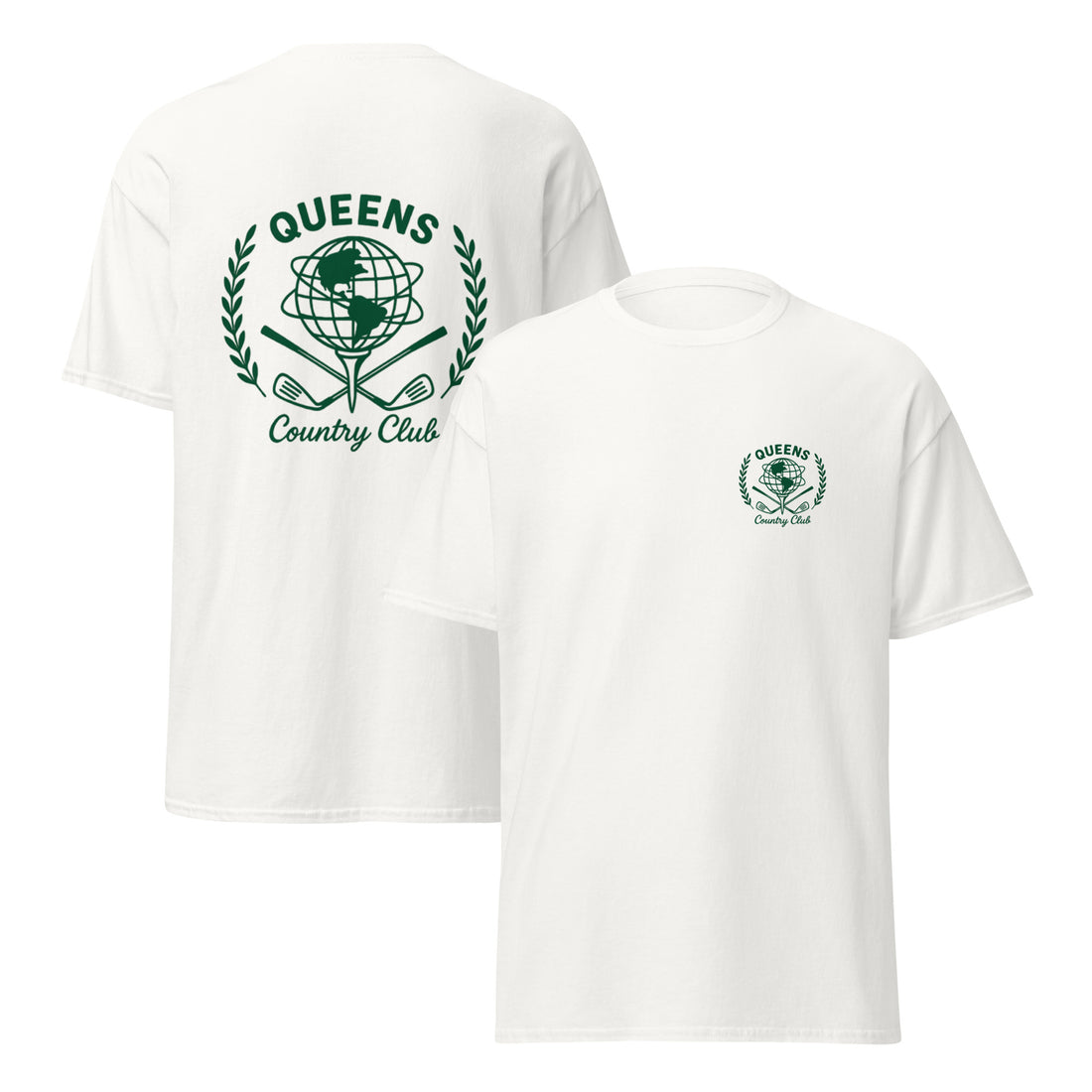 White t-shirt with green 'Queens Country Club' logo on a white Queens Unisphere Golf Ball Teebackground