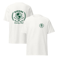 White t-shirt with green 'Queens Country Club' logo on a white Queens Unisphere Golf Ball Teebackground