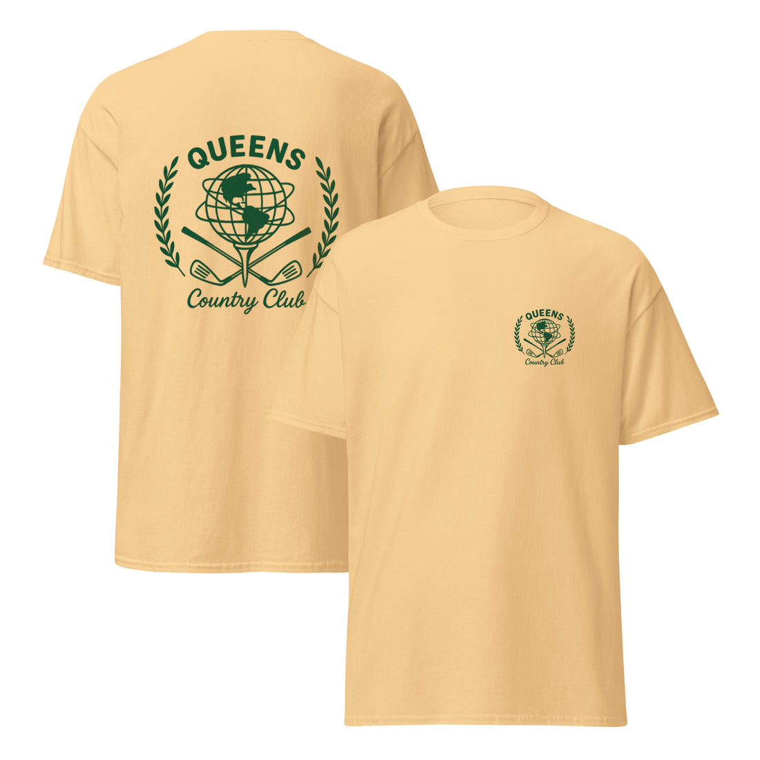 Beige t-shirt with green 'Queens Country Club' logo on the back, displayed from front and back views. Queens Unisphere Golf Ball Tee