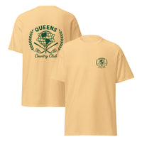 Beige t-shirt with green 'Queens Country Club' logo on the back, displayed from front and back views. Queens Unisphere Golf Ball Tee
