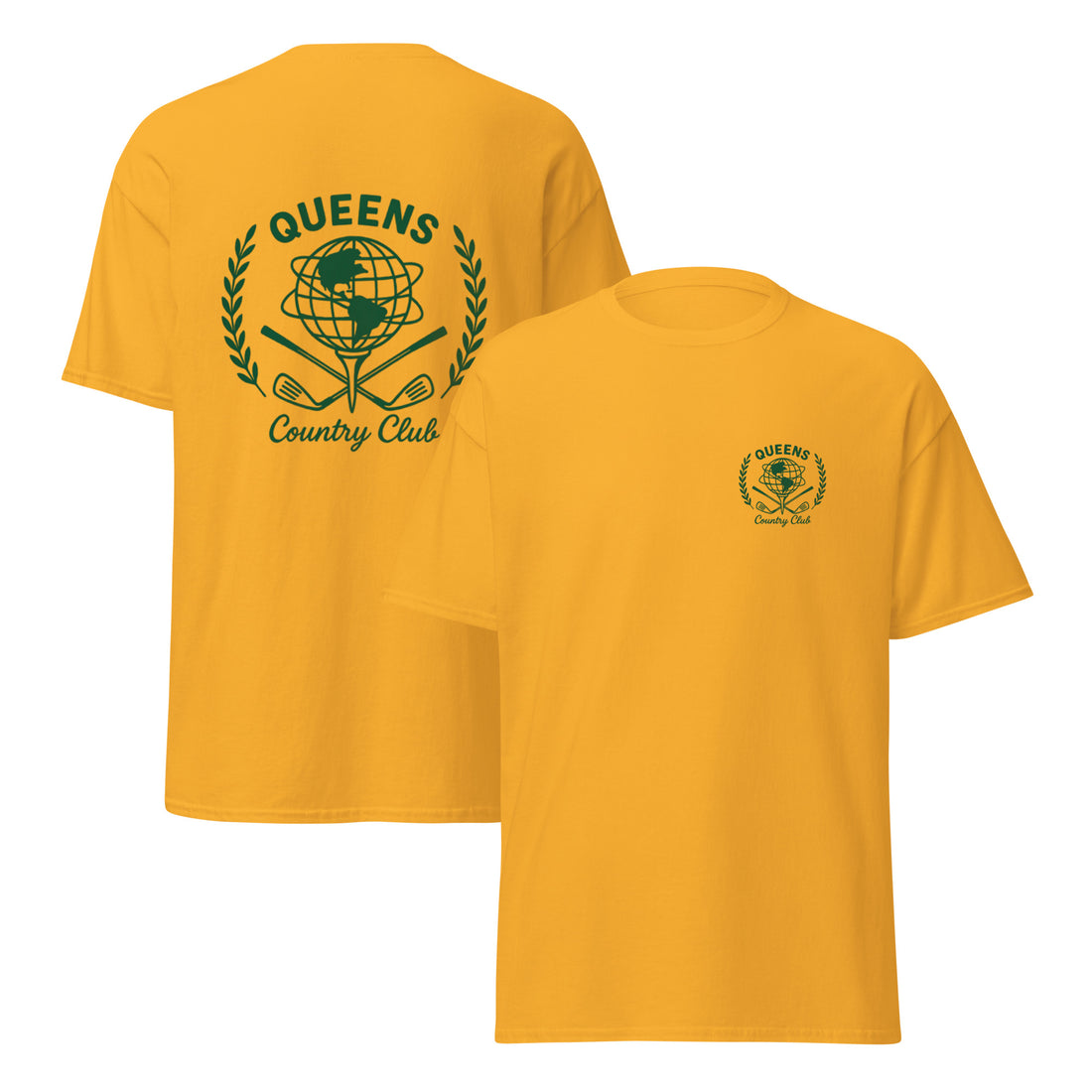 Yellow t-shirt with 'Queens Country Club' logo on front and back Queens Unisphere Golf Ball Tee