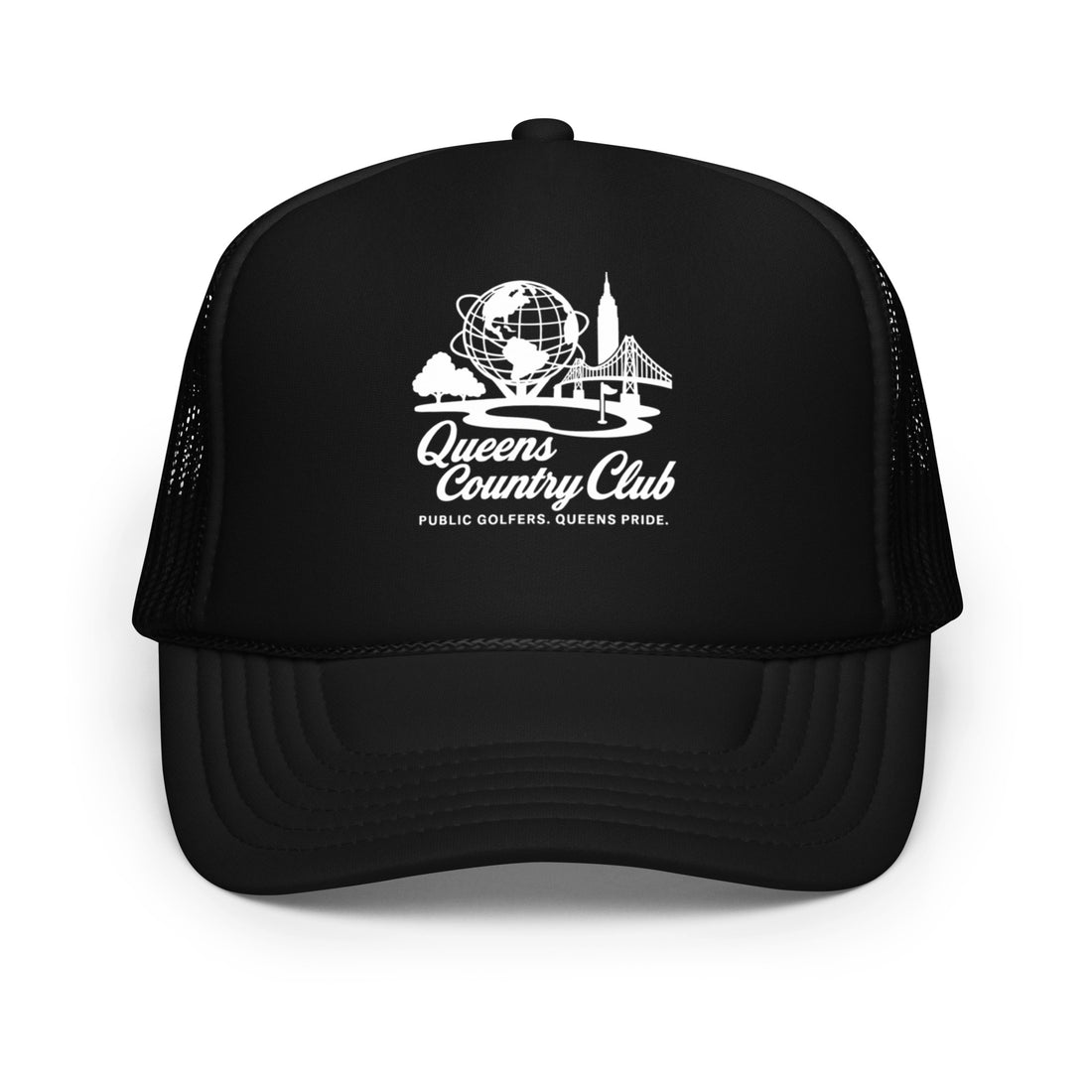 Black trucker cap with 'Queens Country Club' logo on a white  background , Queens Unisphere Golf Foam trucker hat