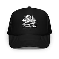 Black trucker cap with 'Queens Country Club' logo on a white  background , Queens Unisphere Golf Foam trucker hat