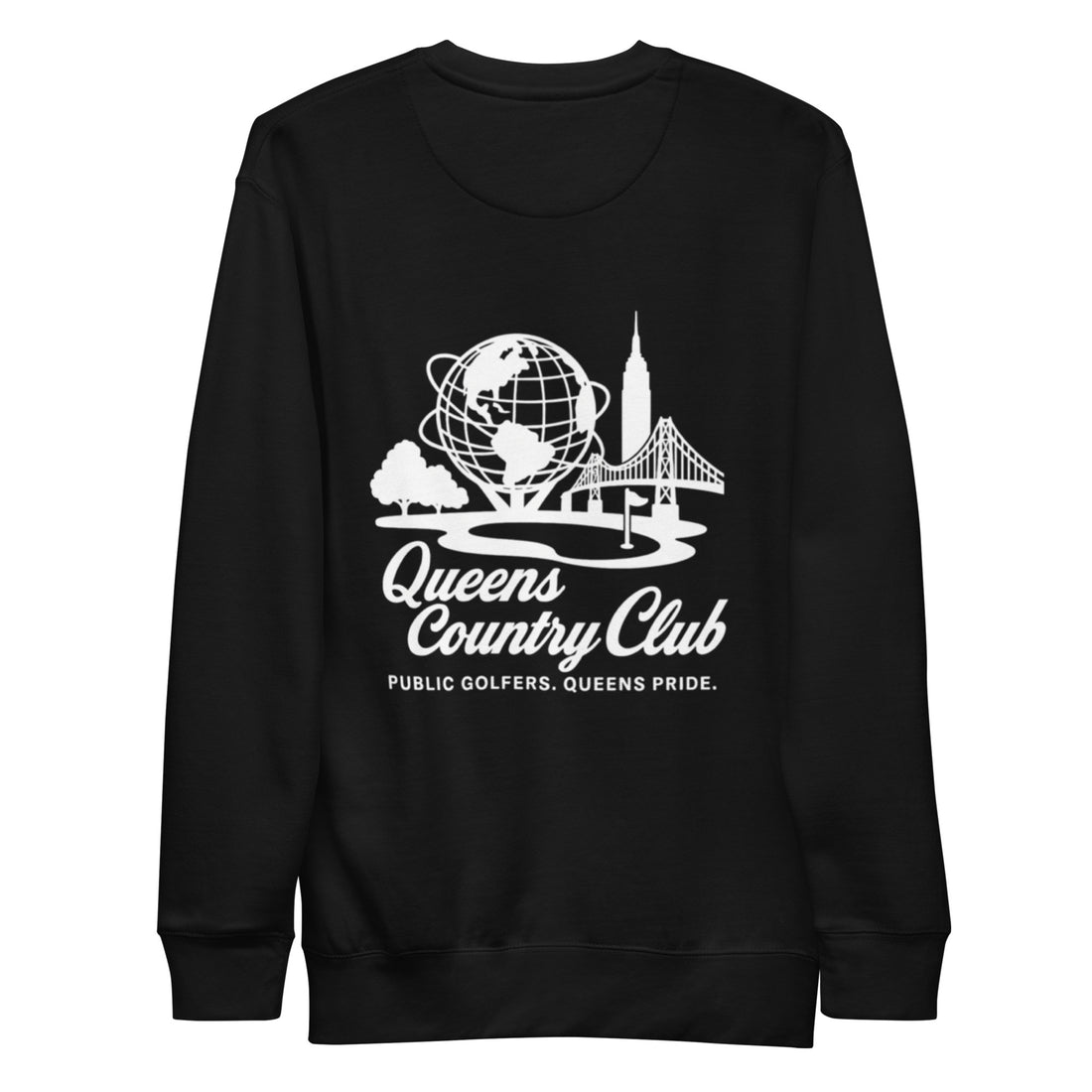 Black sweatshirt with white graphic and text Queens Unisphere Golf Sweatshirt