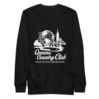 Black sweatshirt with white graphic and text Queens Unisphere Golf Sweatshirt