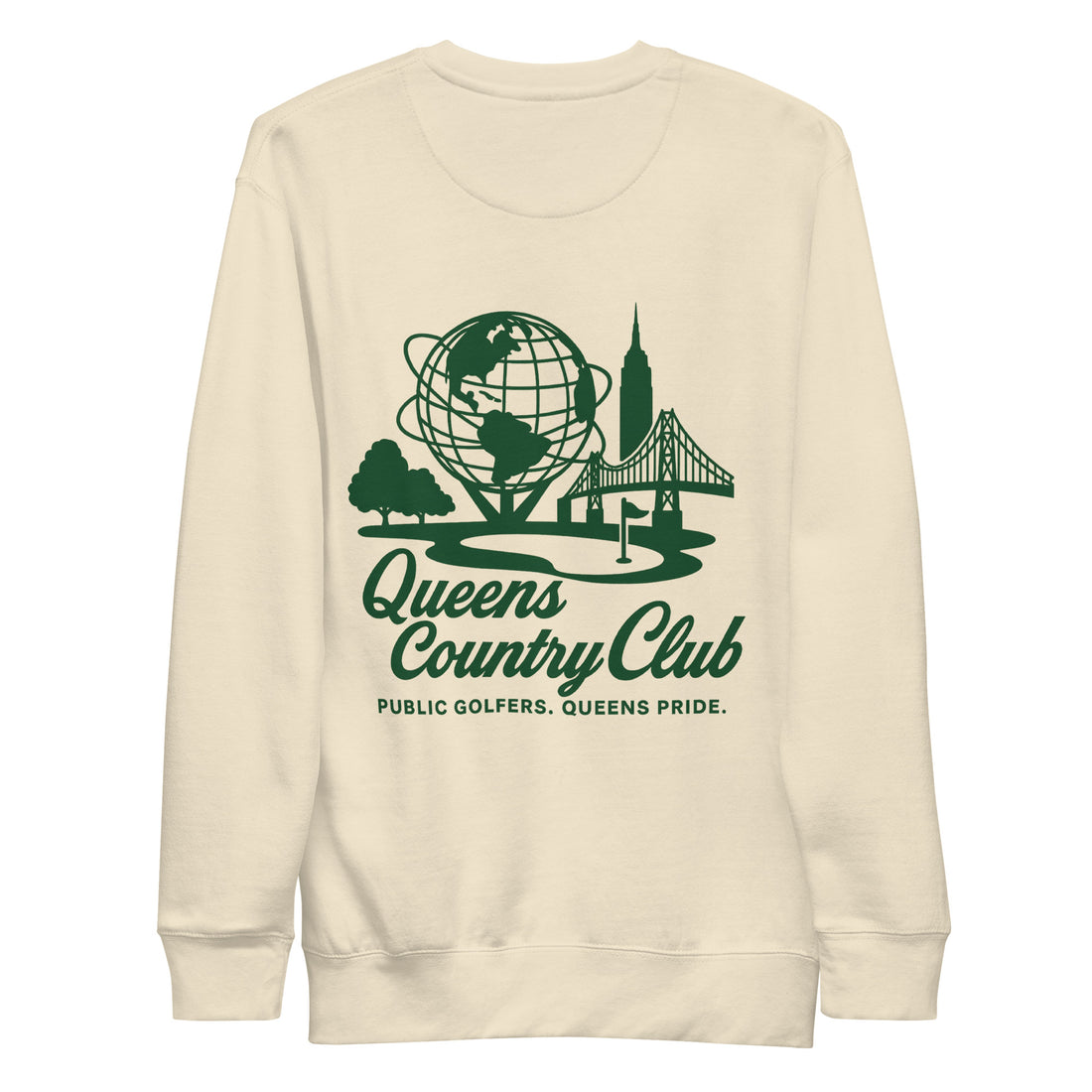 Beige sweatshirt with green graphic and text on a white background Queens Unisphere Golf Sweatshirt