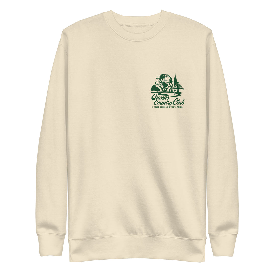 Beige sweatshirt with a green and black logo on a white background- Queens Unisphere Golf Sweatshirt