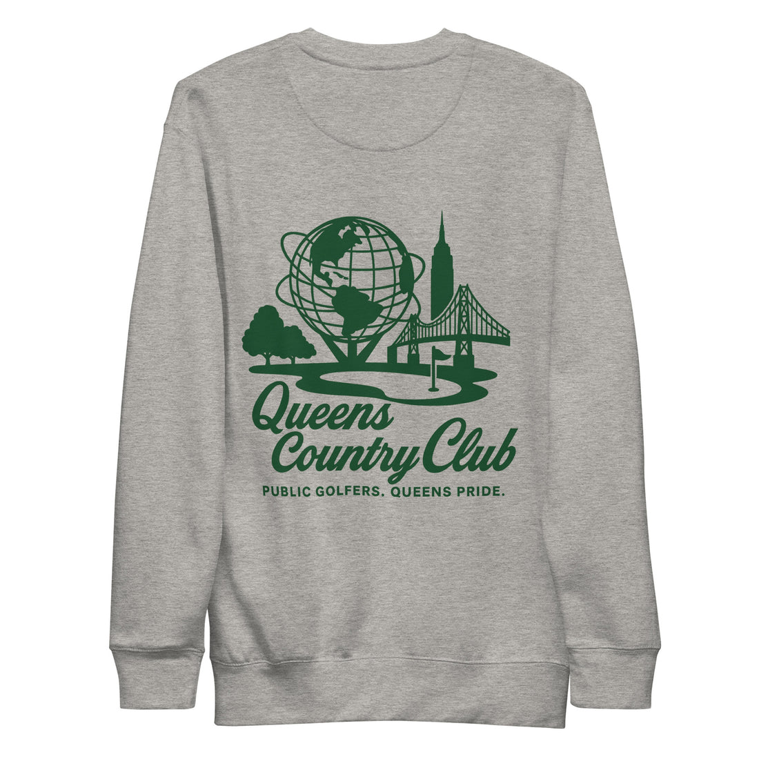 Gray sweatshirt with green 'Queens Country Club' logo on a white background