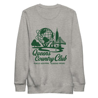 Gray sweatshirt with green 'Queens Country Club' logo on a white background