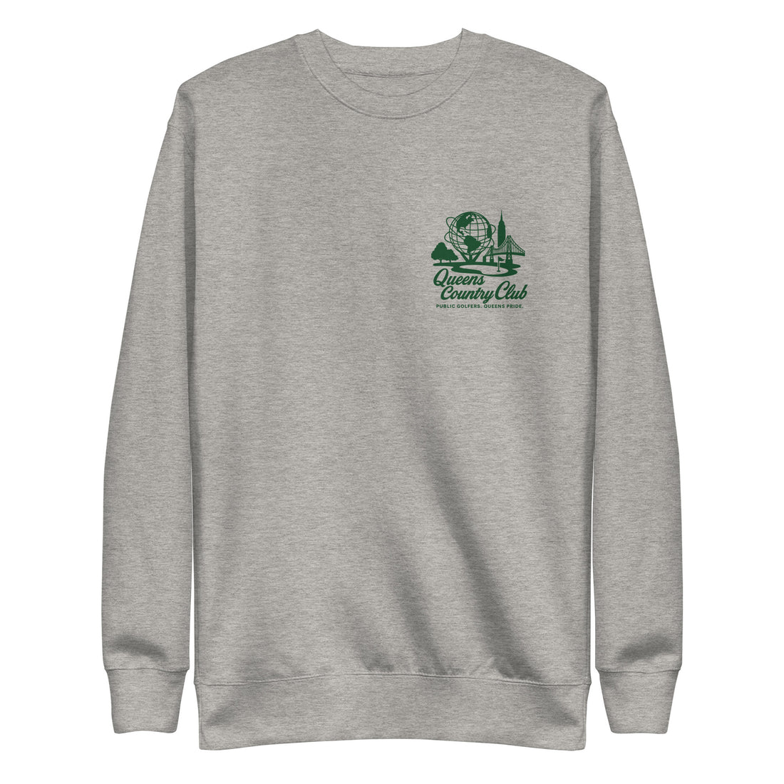Gray sweatshirt with a green logo on a white background - Queens Unisphere Golf Sweatshirt