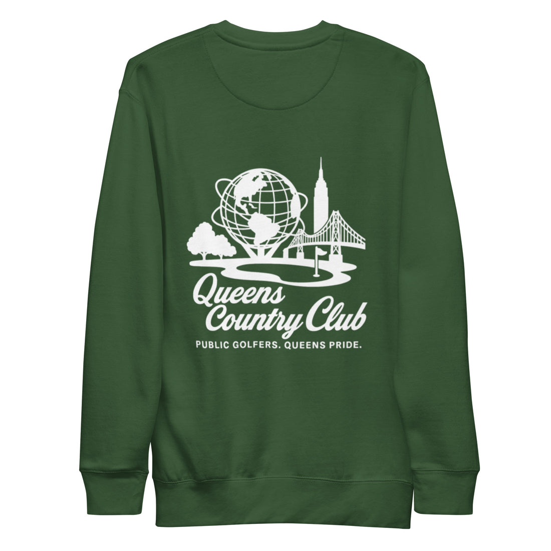 Green sweatshirt with white graphic and text Queens Unisphere Golf Sweatshirt