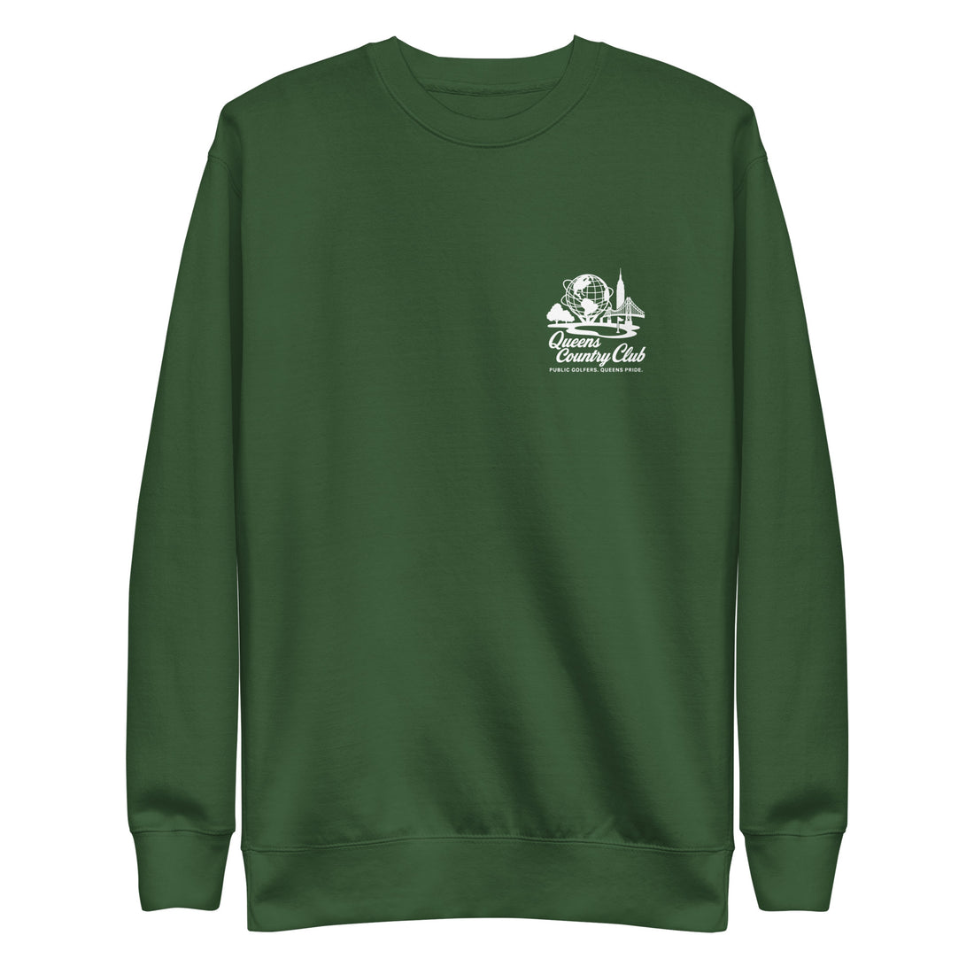 Green sweatshirt with a logo on the chest , Queens Unisphere Golf Sweatshirt