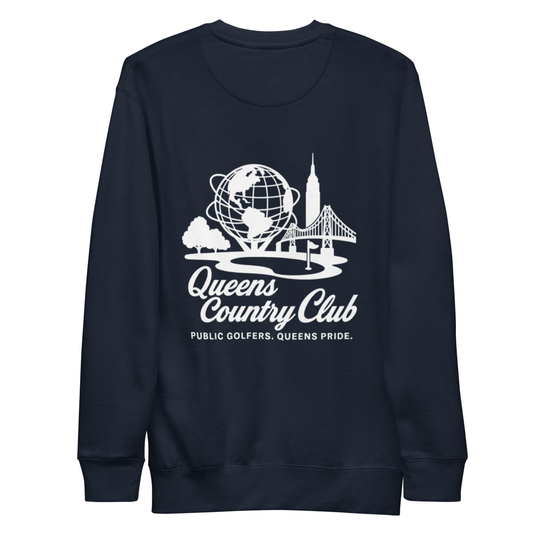 Navy blue sweatshirt with white graphic and text Queens Unisphere Golf Sweatshirt