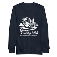 Navy blue sweatshirt with white graphic and text Queens Unisphere Golf Sweatshirt