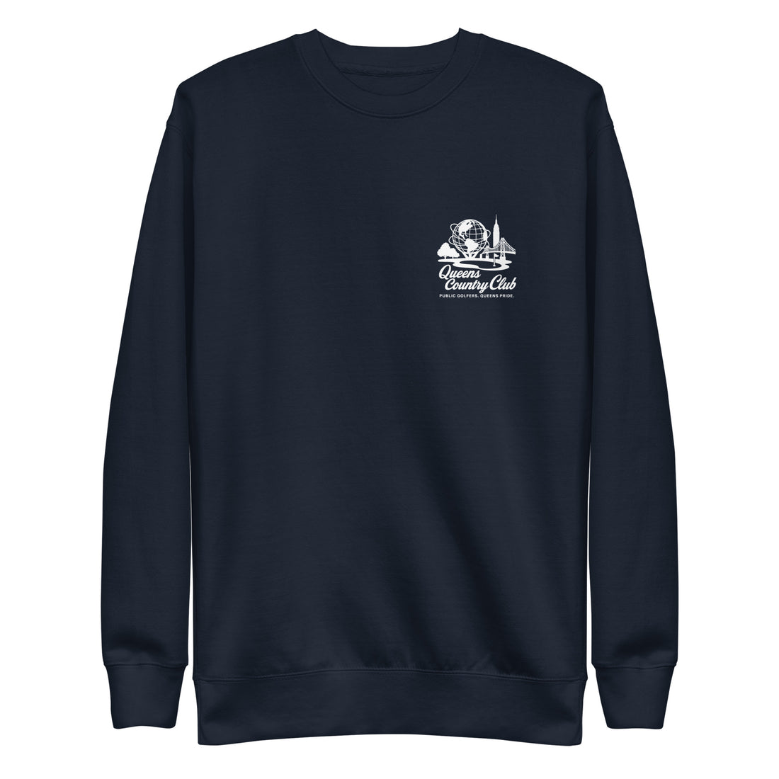 Navy blue sweatshirt with a white logo Queens Unisphere Golf Sweatshirt