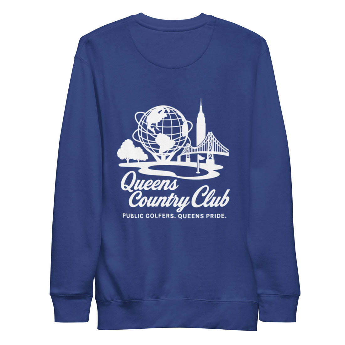 Blue sweatshirt with white graphic and text Queens Unisphere Golf Sweatshirt