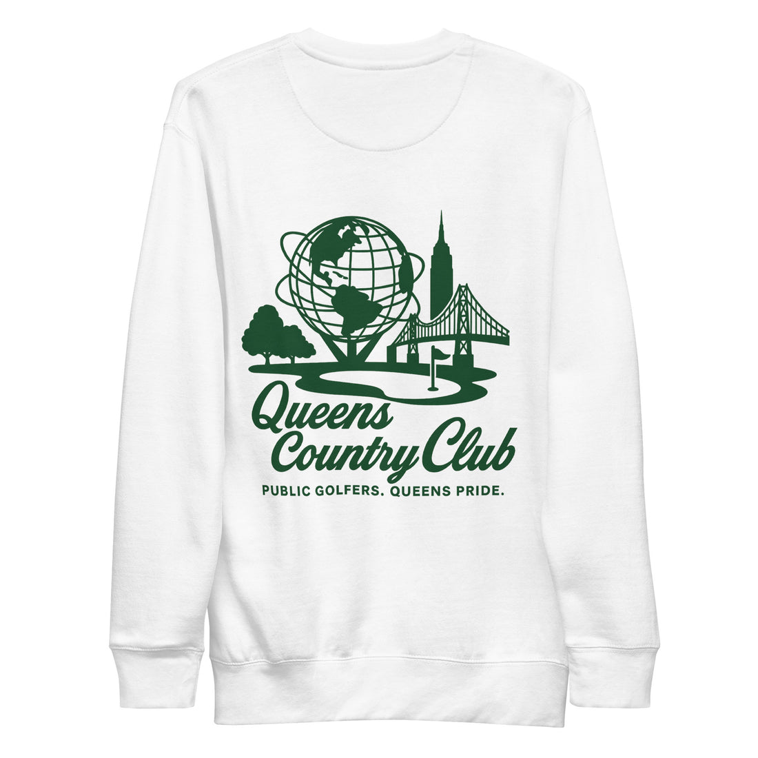White sweatshirt with green 'Queens Country Club' logo on a white   Unisphere Golf Sweatshirt 