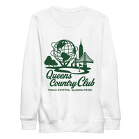 White sweatshirt with green 'Queens Country Club' logo on a white   Unisphere Golf Sweatshirt 