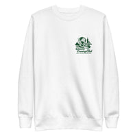 White sweatshirt with green and black logo on a white background Queens Unisphere Golf Sweatshirt