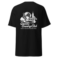 Black t-shirt with white graphic and text on a white background