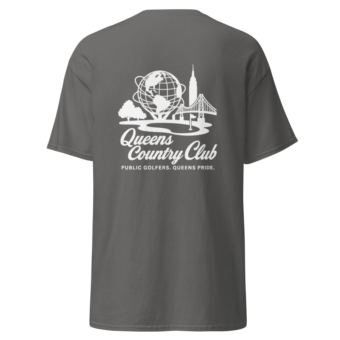 Gray t-shirt with 'Queens Country Club' logo on the back Queens Unisphere Golf Tee
