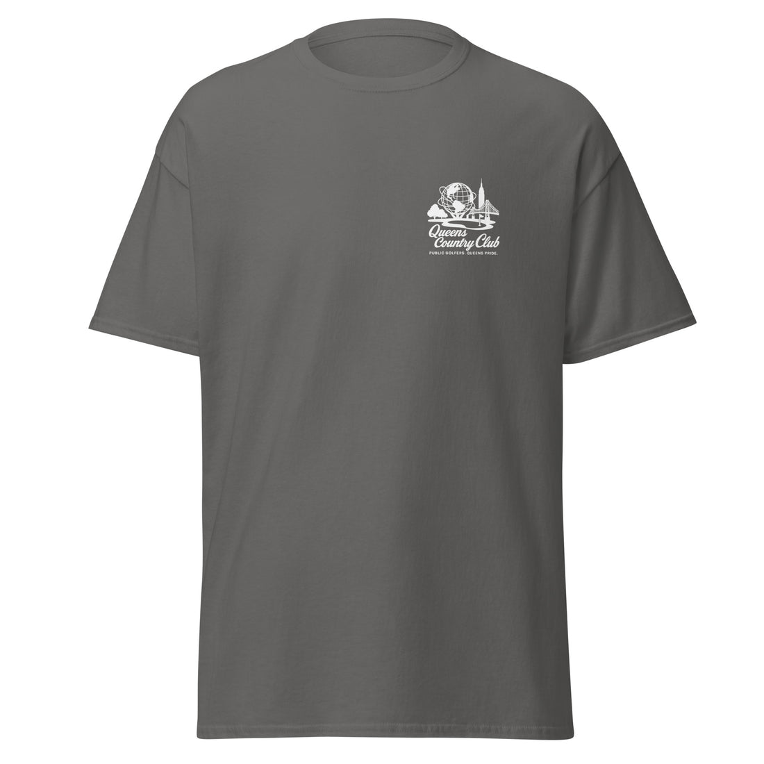 Gray t-shirt with a logo on the chest against a white background Queens Unisphere Golf Tee