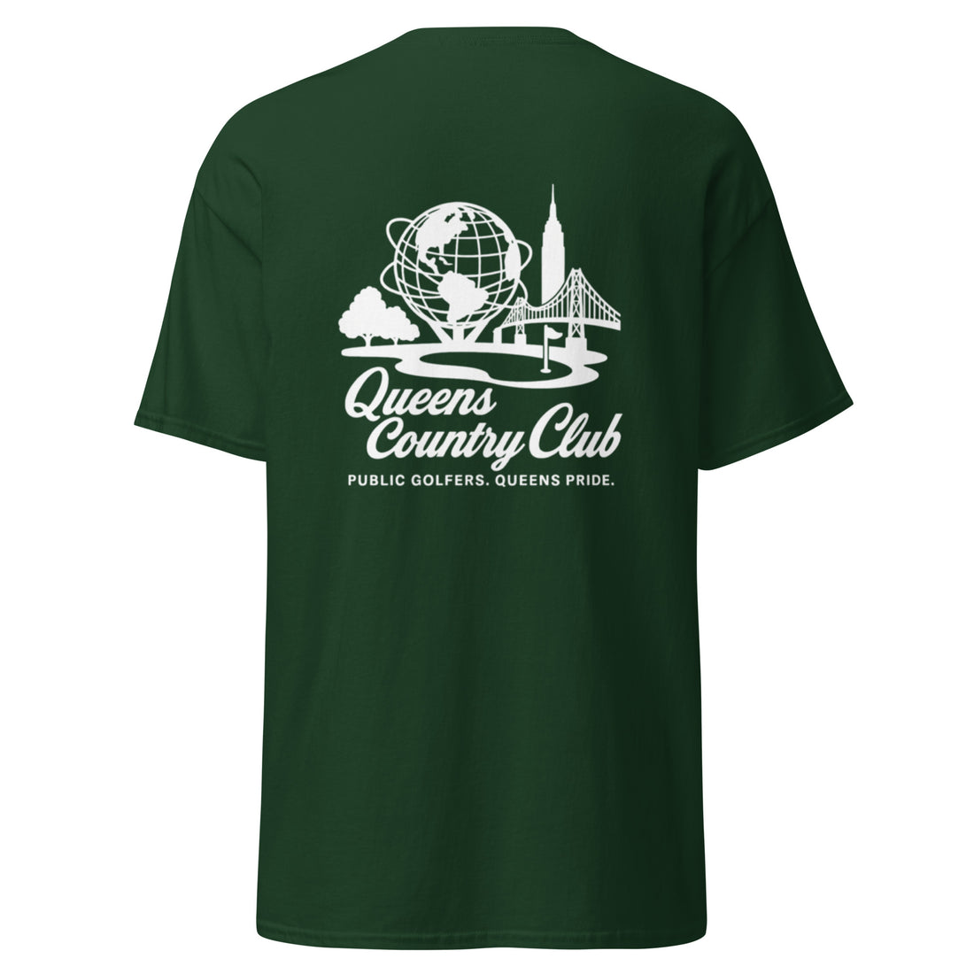 Green t-shirt with 'Queens Country Club' logo on the back. Queens Unisphere Golf Tee