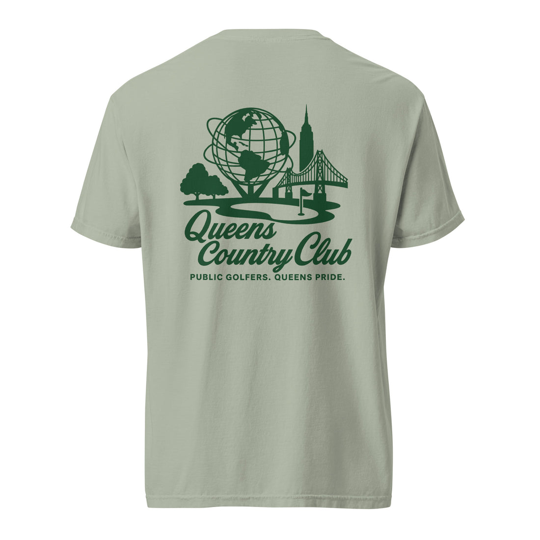  t-shirt with 'Queens Country Club' logo on the front and back. Queens Unisphere Golf Tee 