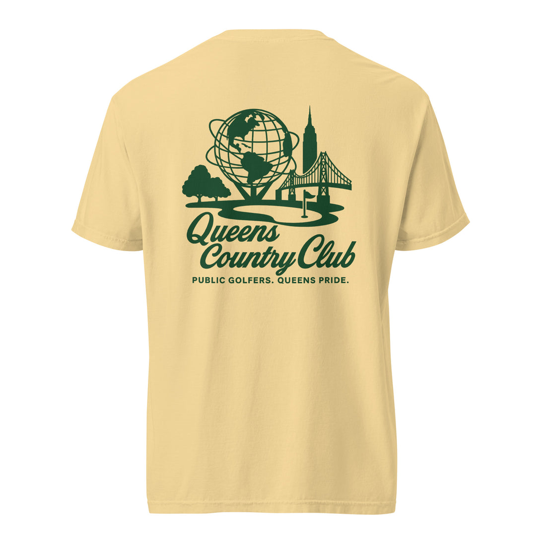  t-shirt with 'Queens Country Club' logo on the front and back. Queens Unisphere Golf Tee 