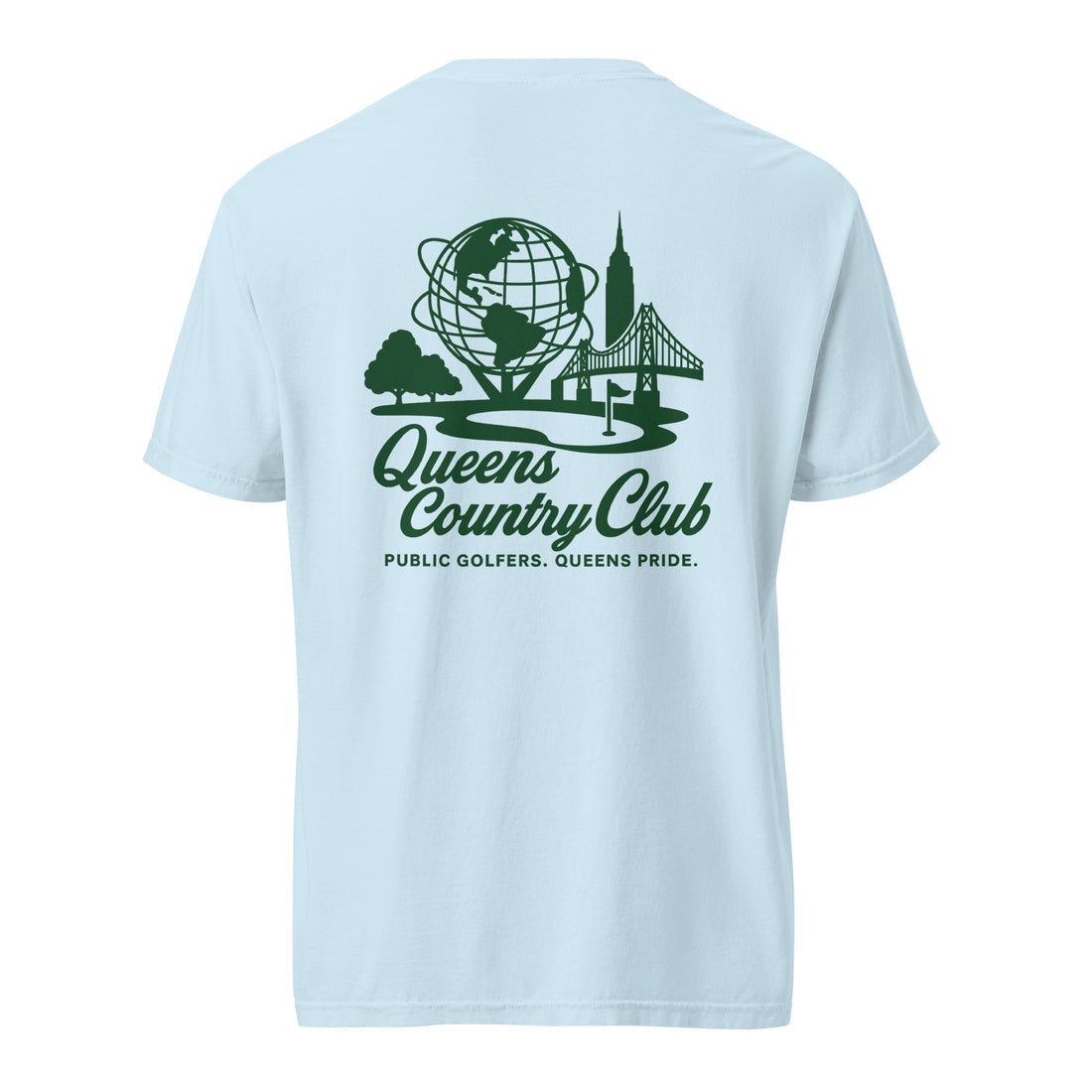  t-shirt with 'Queens Country Club' logo on the front and back. Queens Unisphere Golf Tee 