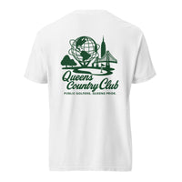 t-shirt with 'Queens Country Club' logo on the front and back. Queens Unisphere Golf Tee 