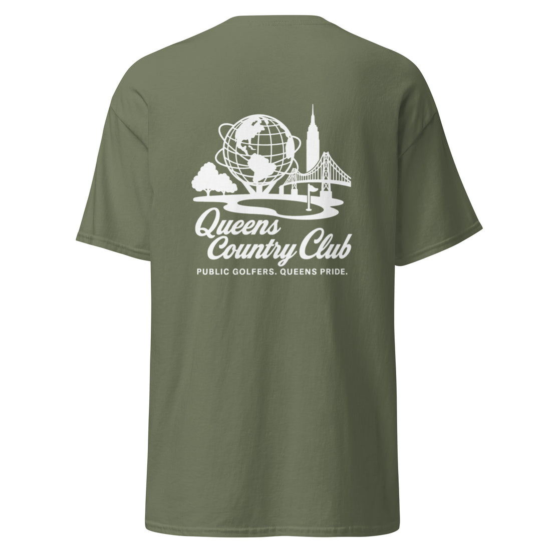 Green t-shirt with white graphic and text Queens Unisphere Golf Tee