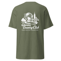 Green t-shirt with white graphic and text Queens Unisphere Golf Tee