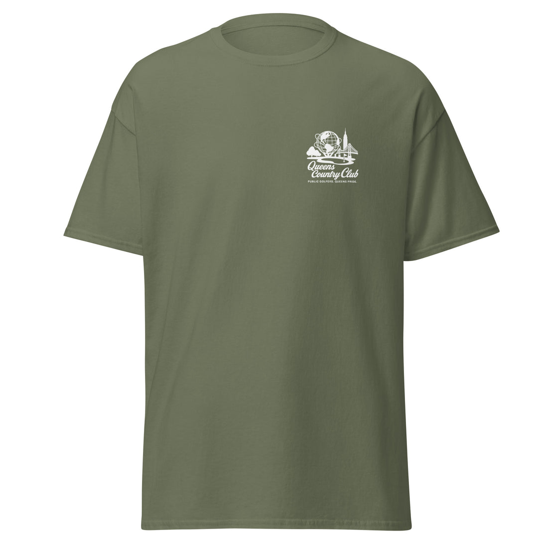 Green t-shirt with a logo on the chest against Queens Unisphere Golf Tee
