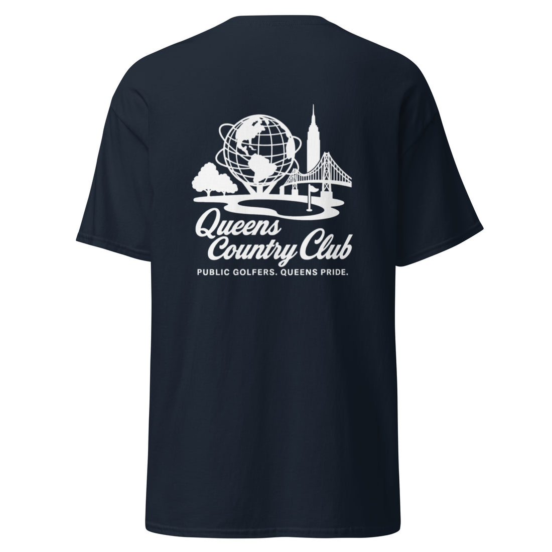 Navy t-shirt with white graphic and text Queens Unisphere Golf Tee