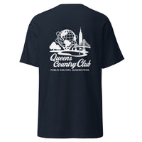 Navy t-shirt with white graphic and text Queens Unisphere Golf Tee