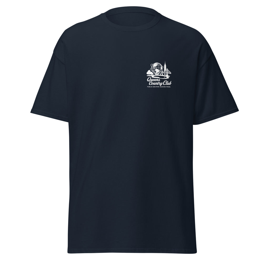 Navy blue t-shirt with a white logo on the chest, Queens Unisphere Golf Tee