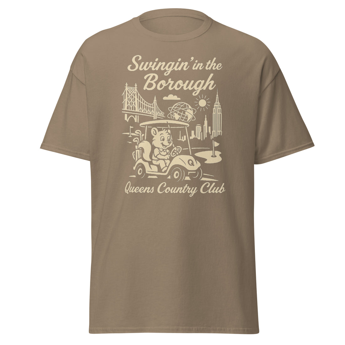  Queens Country Club T-shirt featuring vintage-style golf squirrel mascot driving a golf cart with NYC skyline, Unisphere, and Queensboro Bridge in background. Swingin' in the Borough golf streetwear for New York golfers