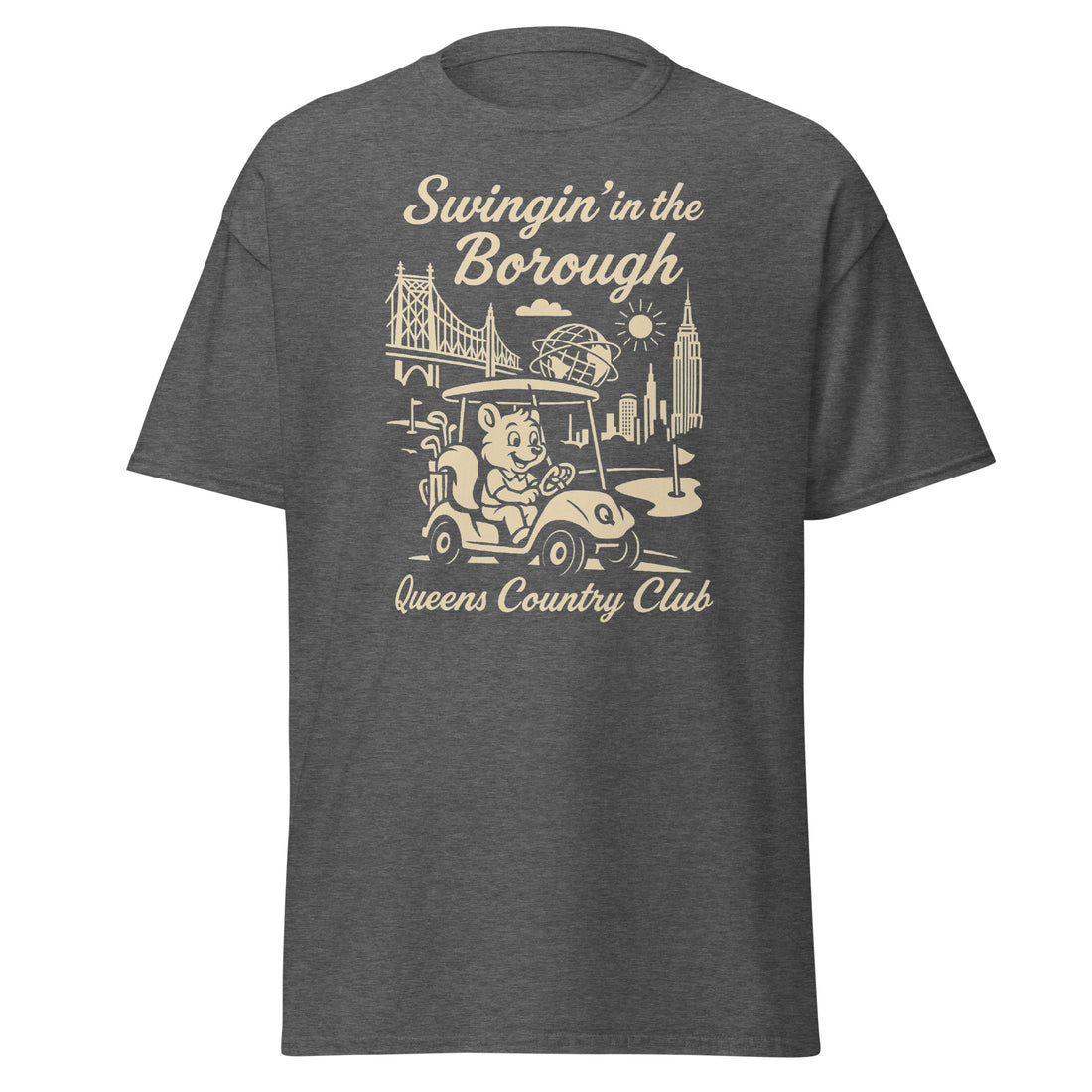 Queens Country Club T-shirt featuring vintage-style golf squirrel mascot driving a golf cart with NYC skyline, Unisphere, and Queensboro Bridge in background. Swingin' in the Borough golf streetwear for New York golfers