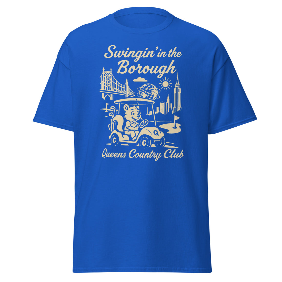  Queens Country Club T-shirt featuring vintage-style golf squirrel mascot driving a golf cart with NYC skyline, Unisphere, and Queensboro Bridge in background. Swingin' in the Borough golf streetwear for New York golfers