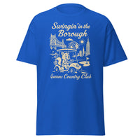  Queens Country Club T-shirt featuring vintage-style golf squirrel mascot driving a golf cart with NYC skyline, Unisphere, and Queensboro Bridge in background. Swingin' in the Borough golf streetwear for New York golfers