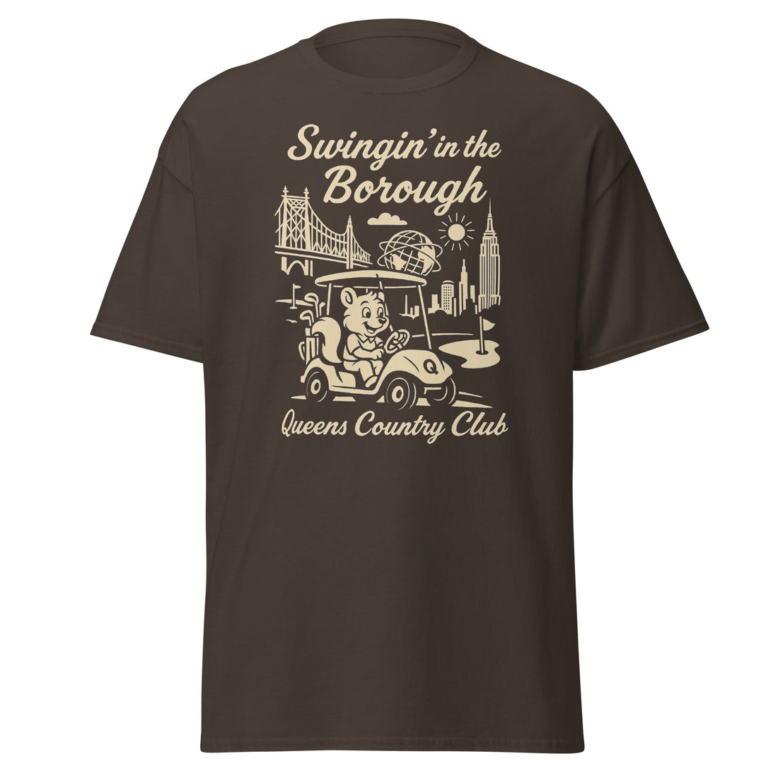  Queens Country Club T-shirt featuring vintage-style golf squirrel mascot driving a golf cart with NYC skyline, Unisphere, and Queensboro Bridge in background. Swingin' in the Borough golf streetwear for New York golfers