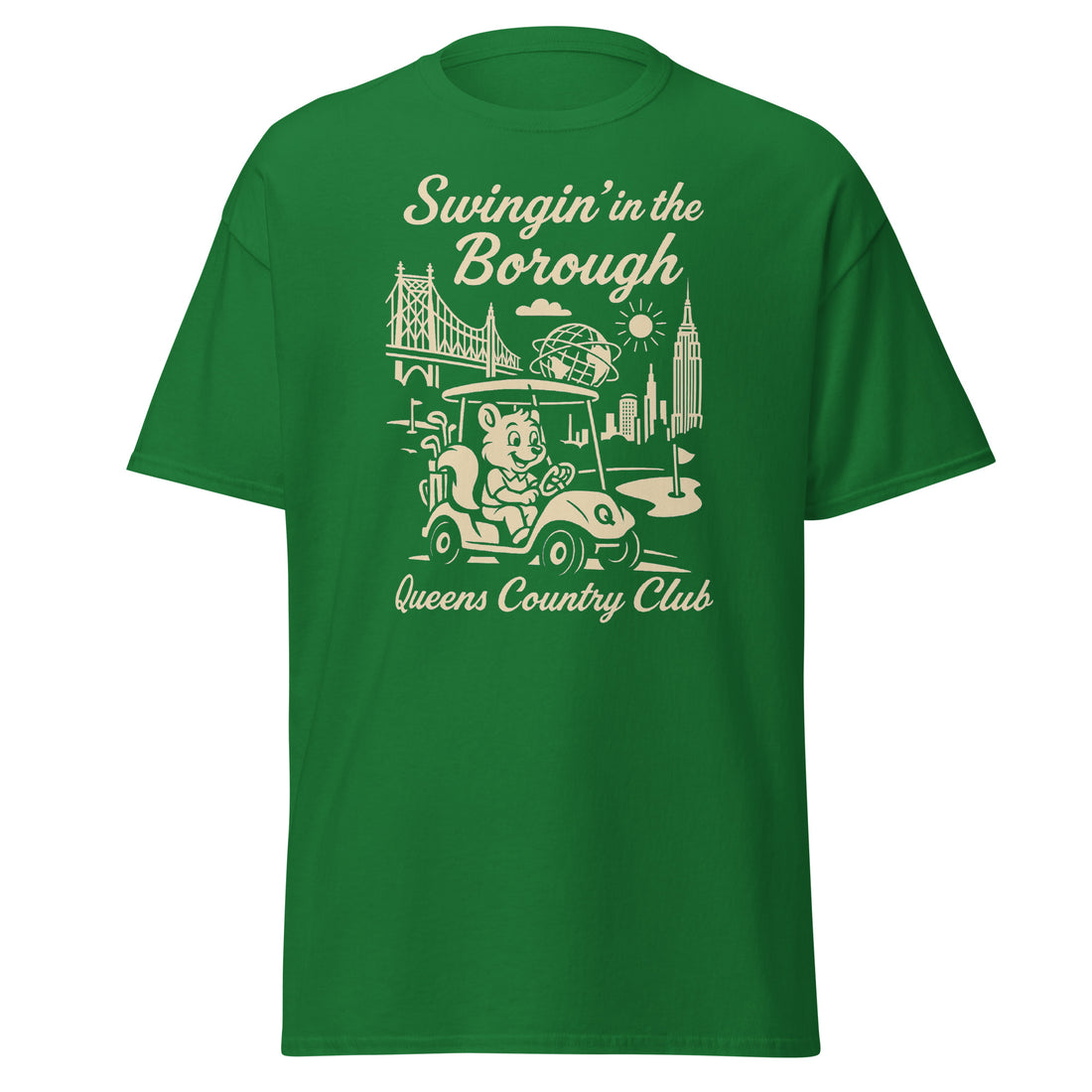  Queens Country Club T-shirt featuring vintage-style golf squirrel mascot driving a golf cart with NYC skyline, Unisphere, and Queensboro Bridge in background. Swingin' in the Borough golf streetwear for New York golfers