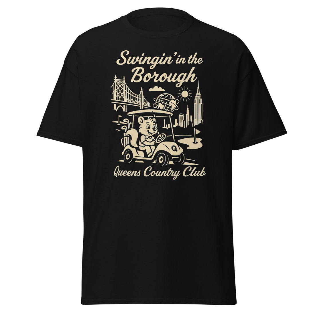  Queens Country Club T-shirt featuring vintage-style golf squirrel mascot driving a golf cart with NYC skyline, Unisphere, and Queensboro Bridge in background. Swingin' in the Borough golf streetwear for New York golfers