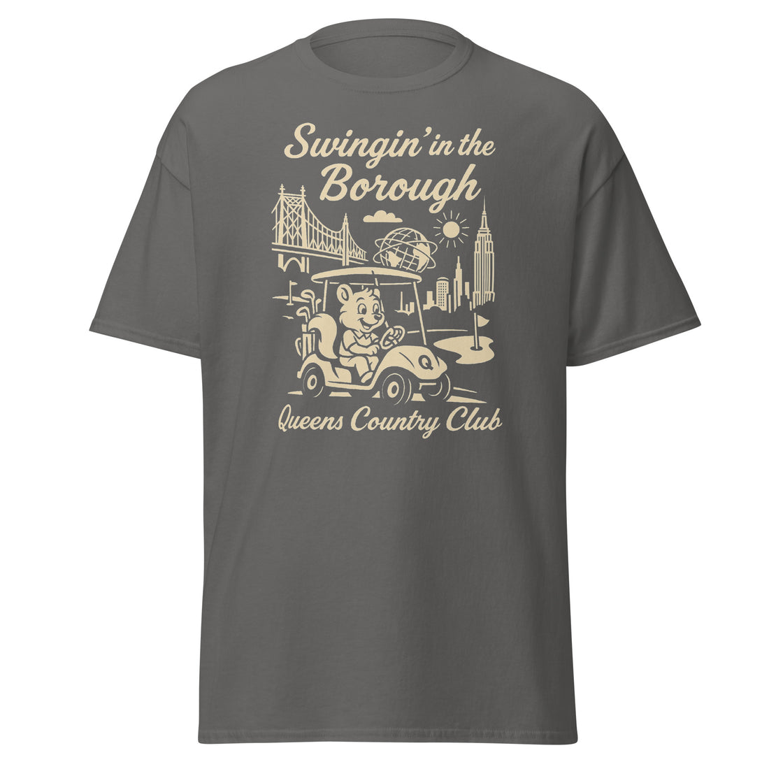  Queens Country Club T-shirt featuring vintage-style golf squirrel mascot driving a golf cart with NYC skyline, Unisphere, and Queensboro Bridge in background. Swingin' in the Borough golf streetwear for New York golfers