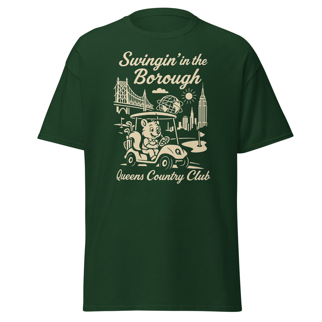  Queens Country Club T-shirt featuring vintage-style golf squirrel mascot driving a golf cart with NYC skyline, Unisphere, and Queensboro Bridge in background. Swingin' in the Borough golf streetwear for New York golfers