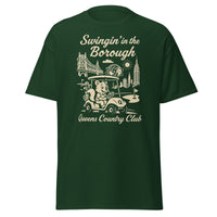  Queens Country Club T-shirt featuring vintage-style golf squirrel mascot driving a golf cart with NYC skyline, Unisphere, and Queensboro Bridge in background. Swingin' in the Borough golf streetwear for New York golfers