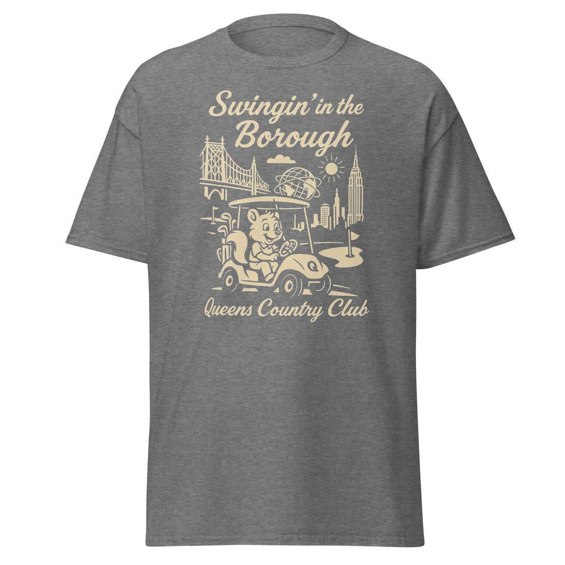  Queens Country Club T-shirt featuring vintage-style golf squirrel mascot driving a golf cart with NYC skyline, Unisphere, and Queensboro Bridge in background. Swingin' in the Borough golf streetwear for New York golfers